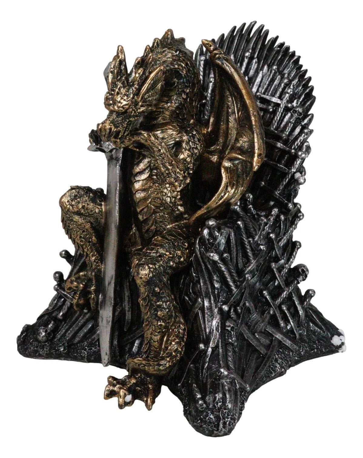 Bronzite Dragon Sitting On Iron Throne Of Swords With Valyrian Blade Figurine-7