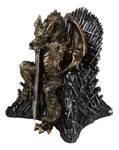 Bronzite Dragon Sitting On Iron Throne Of Swords With Valyrian Blade Figurine-7