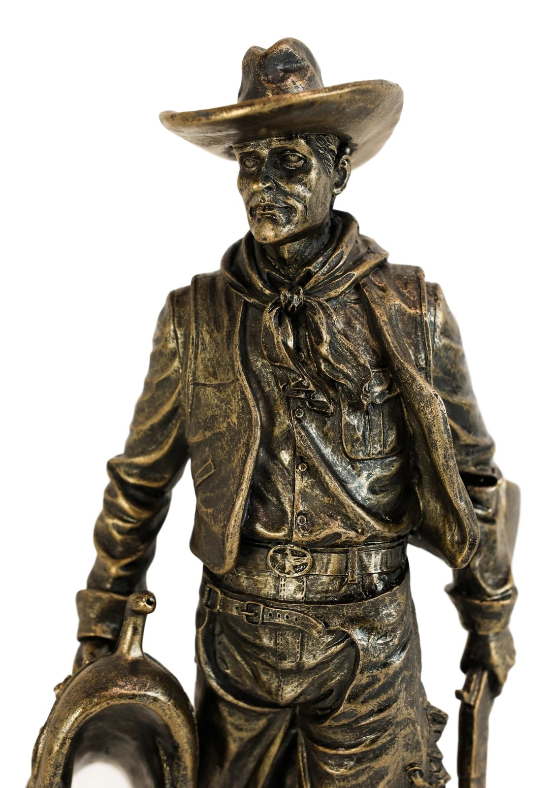 Old World Rustic Western Cowboy Holding Horse Saddle and Rifle Gun Statue 12"H-4