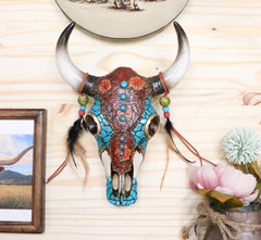 Southwest Tooled Leather Cow Skull With Turquoise Gems And Feathers Wall Decor-2