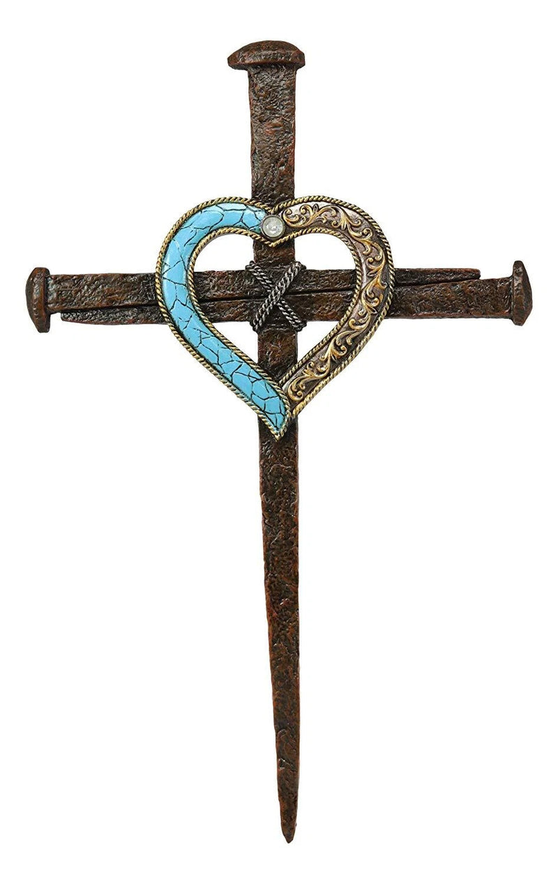 Crucifix Driven Nails with Heart Center Wall Cross Decor Plaque 16.5"H-3