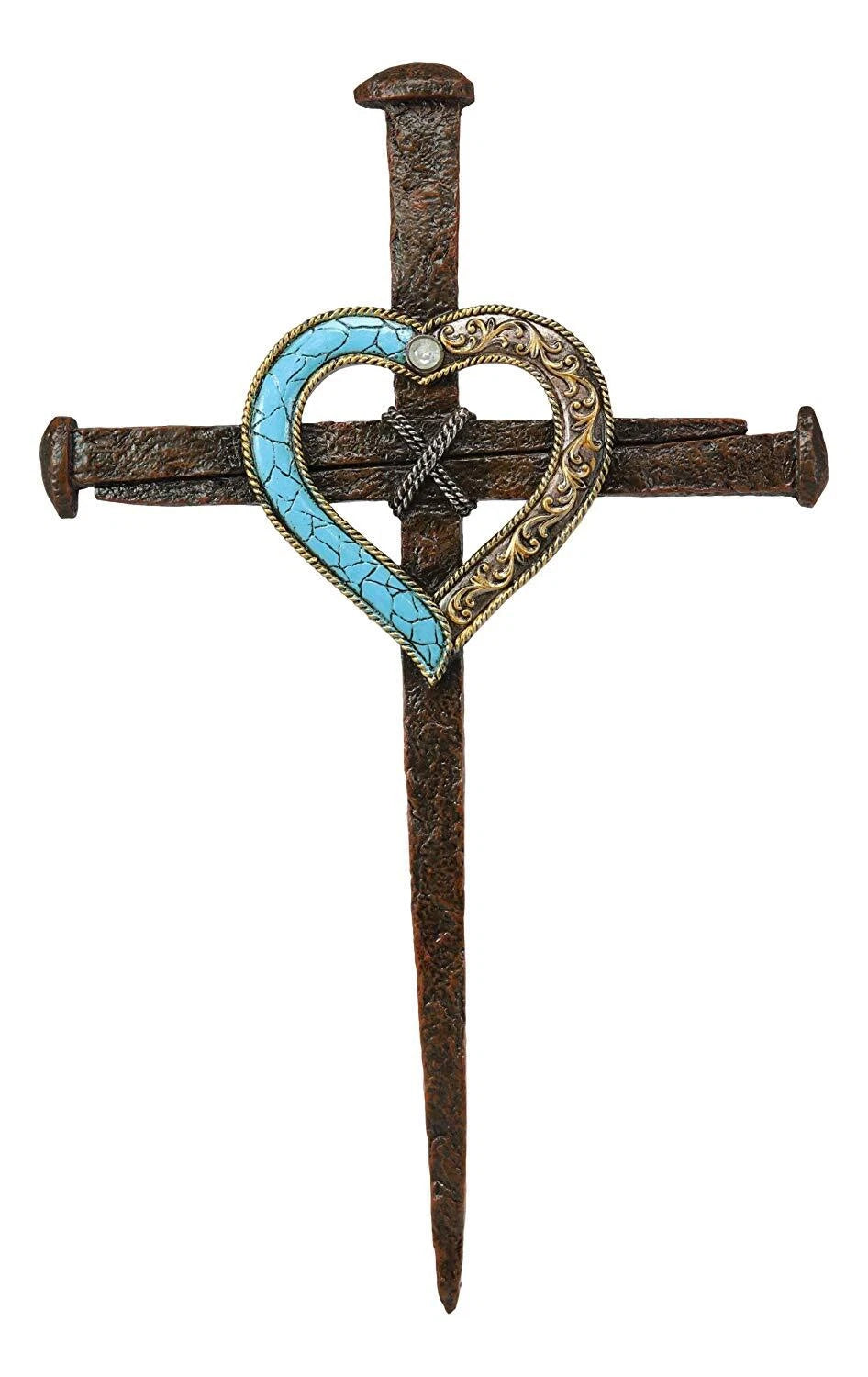 Crucifix Driven Nails with Heart Center Wall Cross Decor Plaque 16.5"H-3
