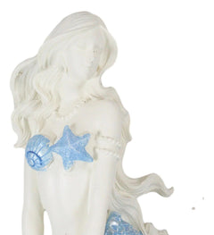 Figura de sirena de cola azul océano sentada sobre una roca marina, 11.5" de alto-3