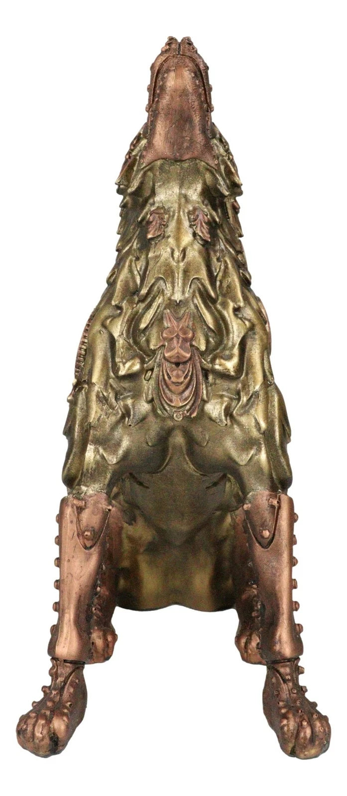 Steampunk Armor Geared Golden Robotic Alpha Wolf Howling At The Moon Statue-3