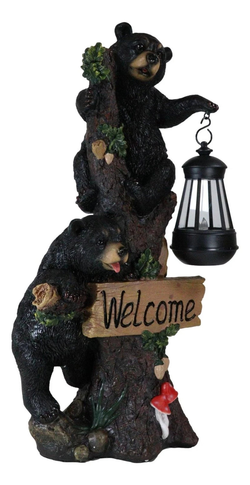 Climbing Black Bear Cubs Garden Light Welcome Statue Figurine Solar LED Lantern-3
