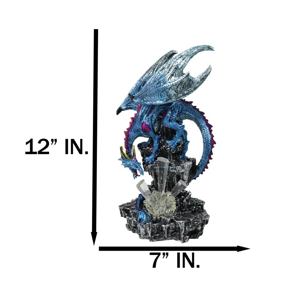 Metallic Blue Dragon with Magenta Spikes Guarding Bottle Ice Crystals Figurine-5