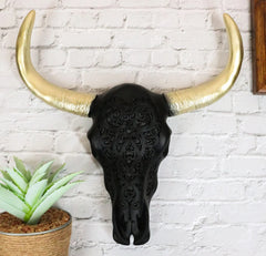 Black And Gold Tribal Floral Tattoo Tooled Filigree Bull Cow Skull Wall Decor-2