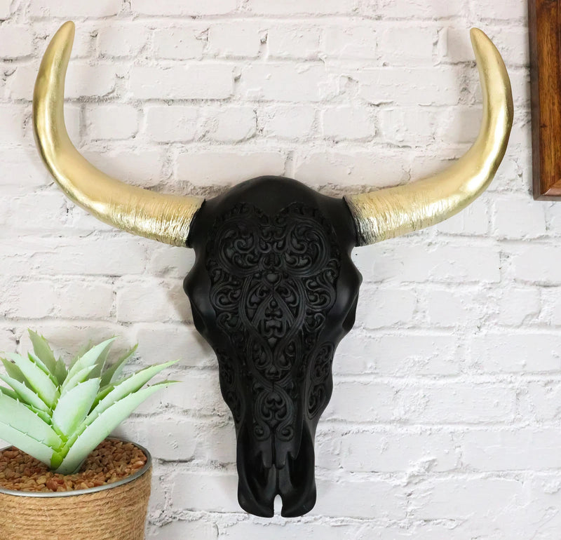 Black And Gold Tribal Floral Tattoo Tooled Filigree Bull Cow Skull Wall Decor-2
