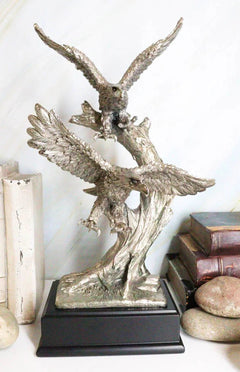 Large King Of The Skies Electroplated Silver Bald Eagles Taking Flight Statue-1