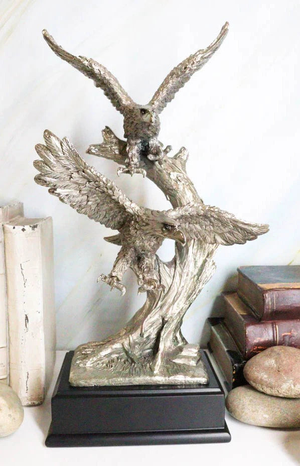 Large King Of The Skies Electroplated Silver Bald Eagles Taking Flight Statue