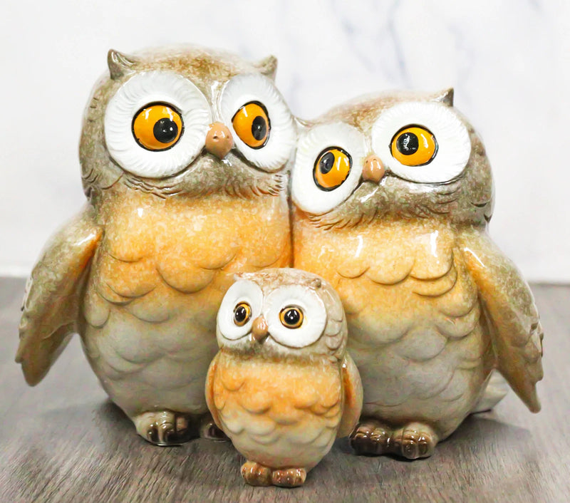 Forest Whimsical Mother Father Owls And Baby Owlet Family Trio Figurine-1
