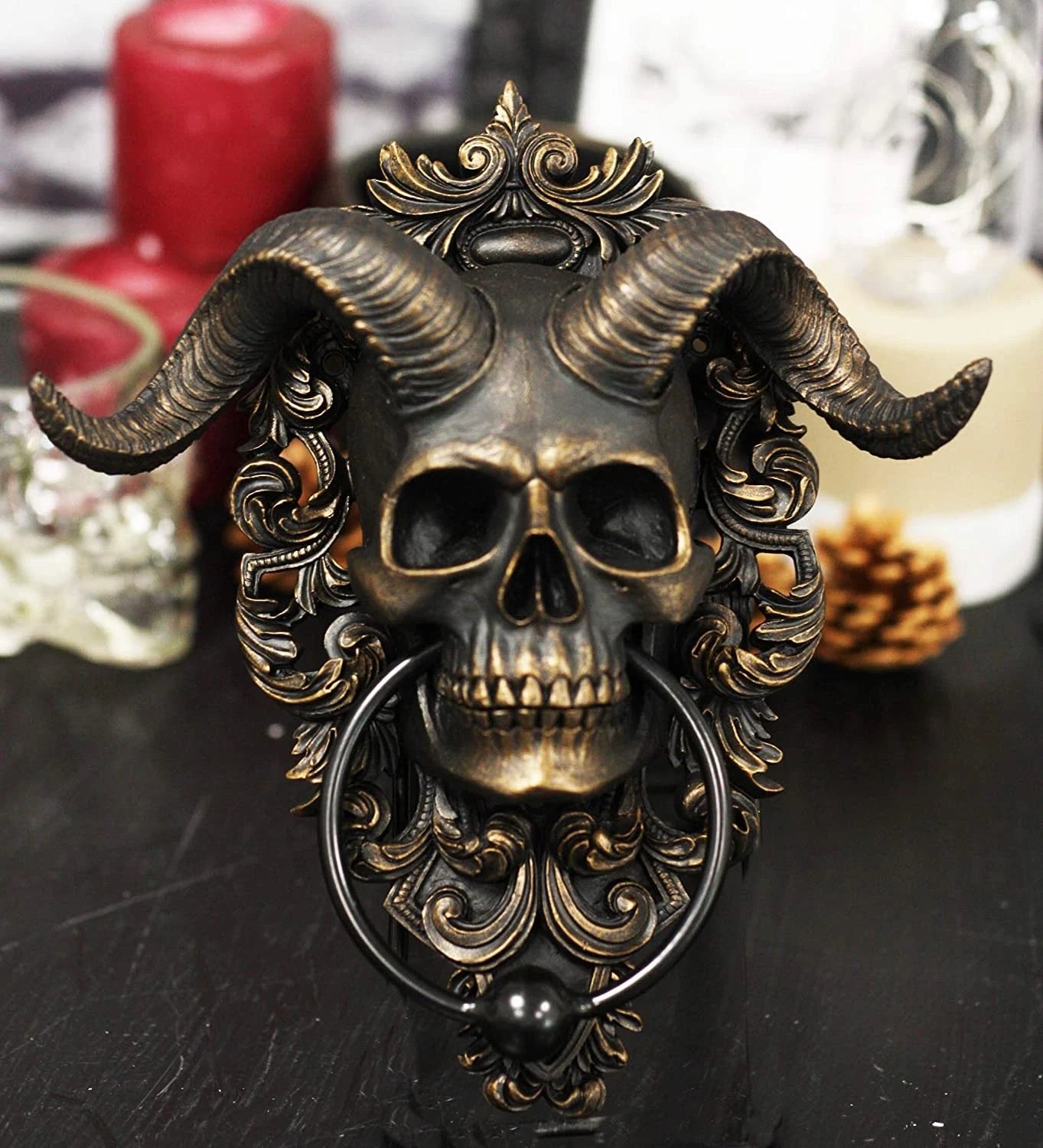 Baphomet Horned God Skull Hanging Door Knocker with Built in Striker Plate