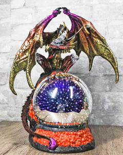 Metallic Red Gold Armored Dragon On Volcano Lava Rock With LED Optic Ball Statue-1