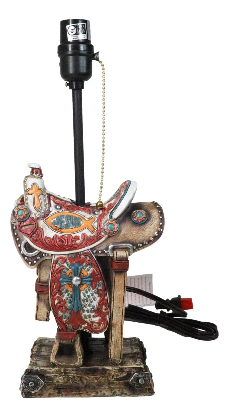 Rustic Western Cowboy Horse Saddle with Ichthys Jesus Fish Symbol Table Lamp-4
