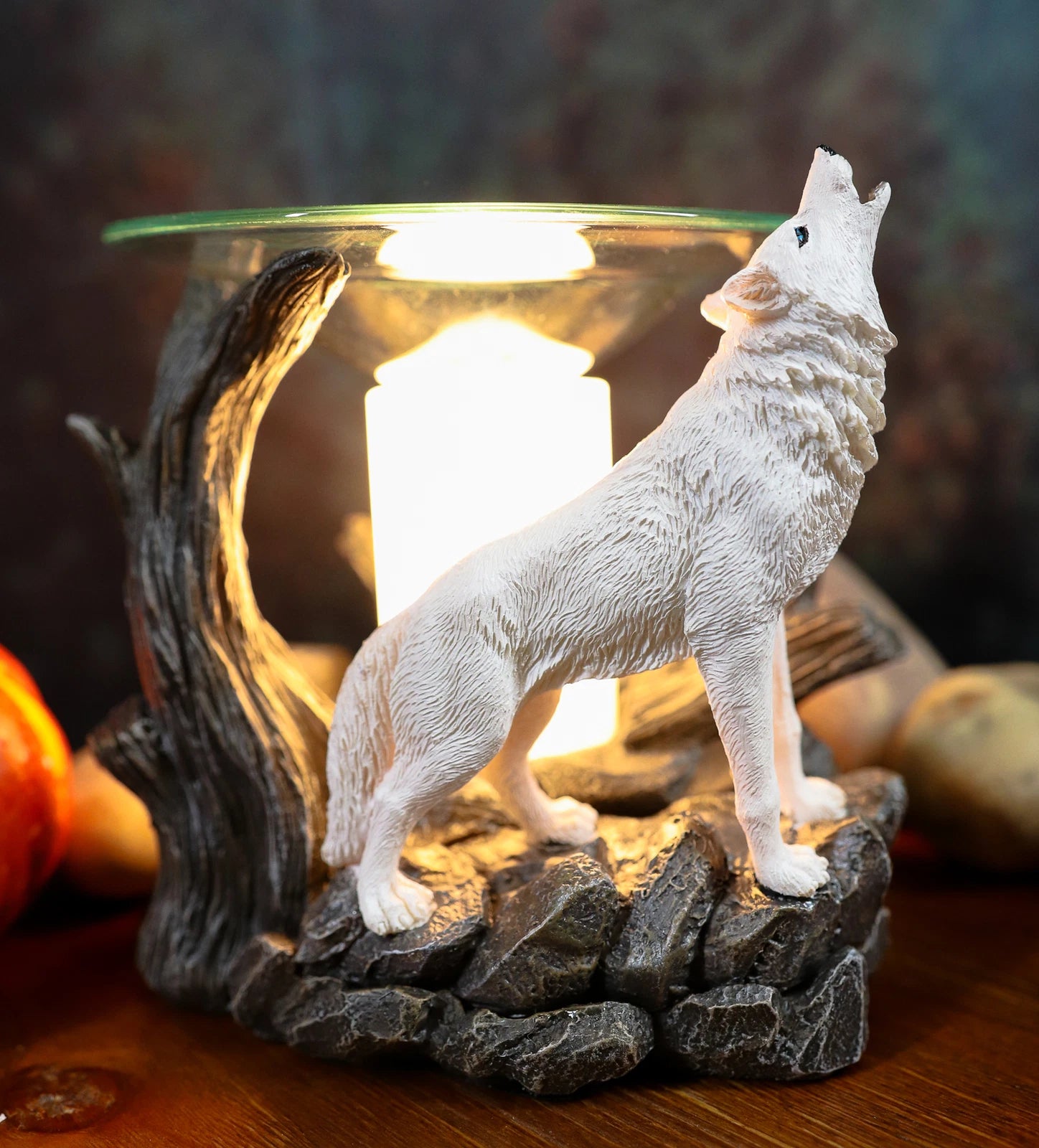 White Wolf Howling Electric Oil Burner Tart Warmer Statue Night Light-4