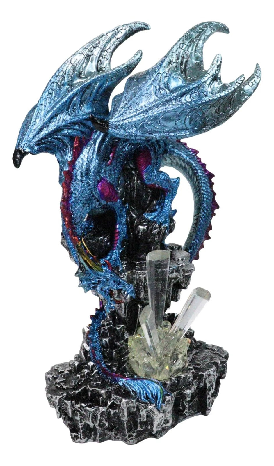 Metallic Blue Dragon with Magenta Spikes Guarding Bottle Ice Crystals Figurine-1