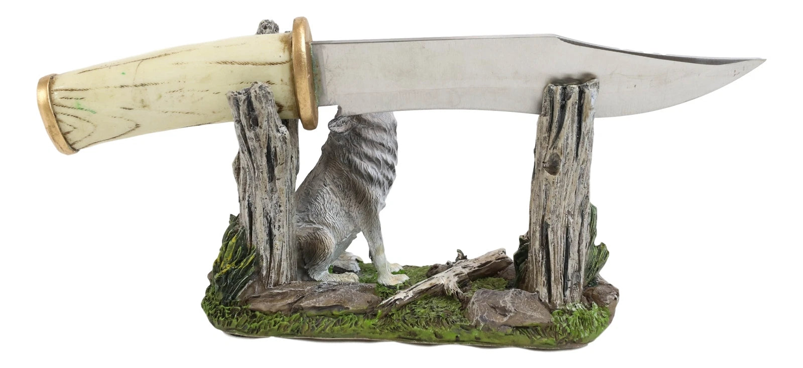 Rustic Forest Howling Gray Wolf Display With Decorative Dagger Knife Statue Set-4