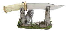 Rustic Forest Howling Gray Wolf Display With Decorative Dagger Knife Statue Set-4