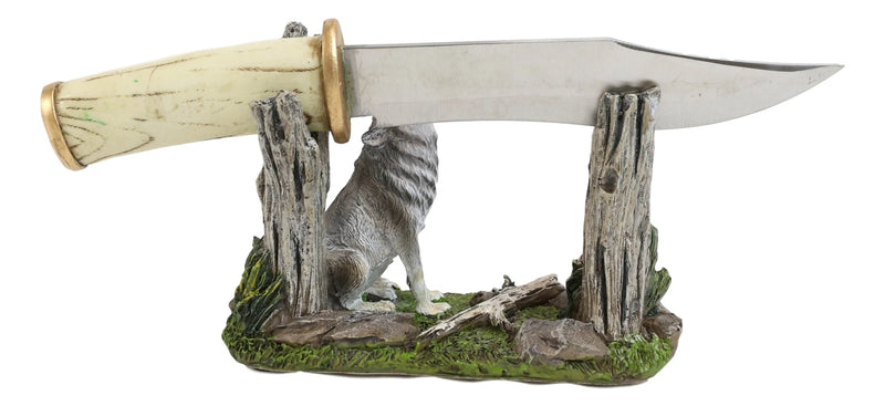 Rustic Forest Howling Gray Wolf Display With Decorative Dagger Knife Statue Set-4