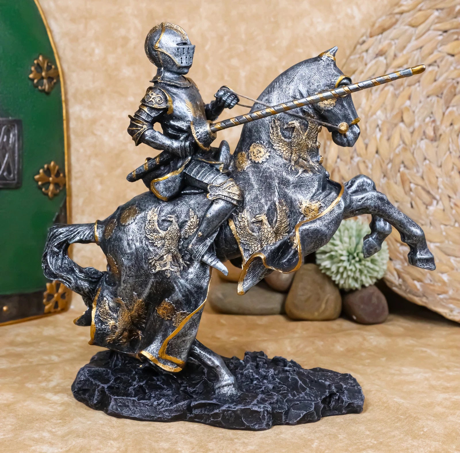 Medieval Champion Knight In Suit Of Armor With Lance On Horse Figurine-1