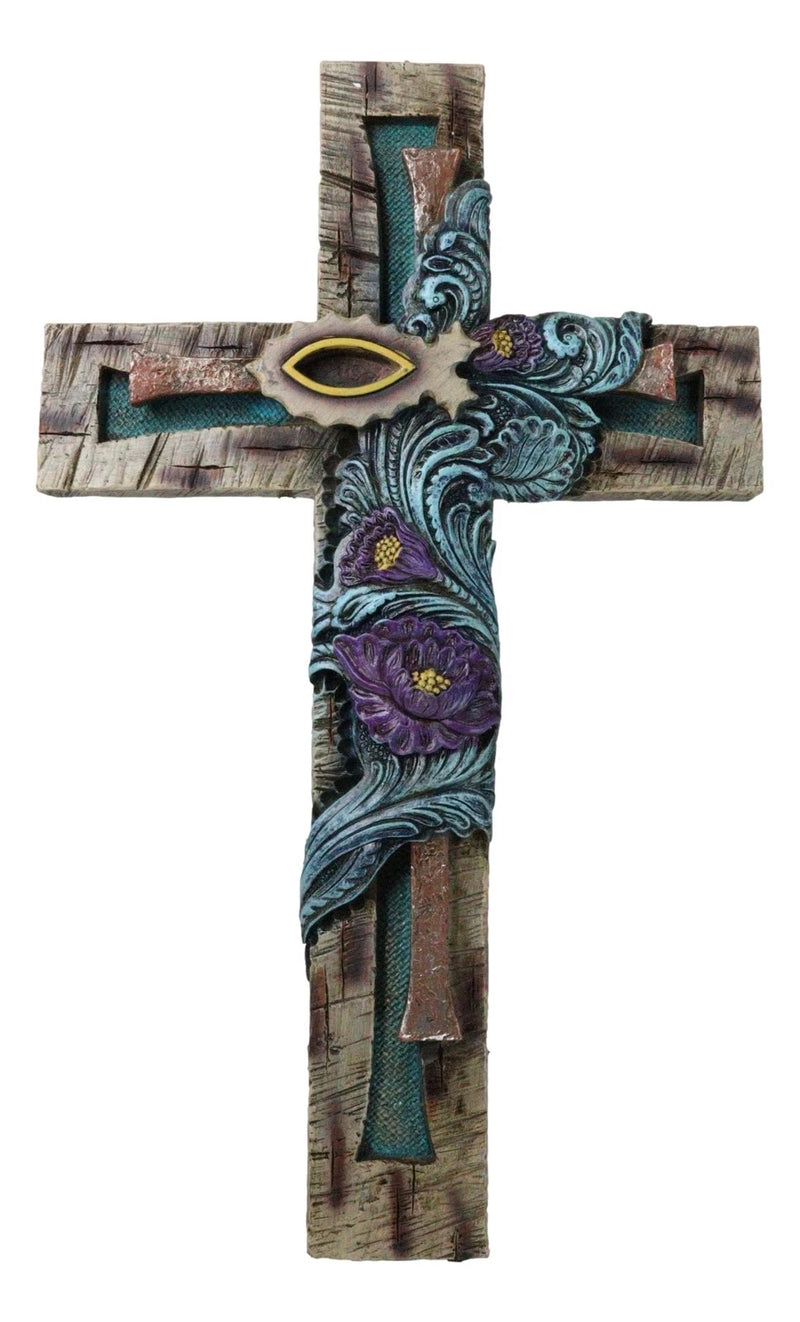 Rustic Turquoise Floral Blooms Ichthys Jesus Fish Symbol Faux Wooden Wall Cross-6
