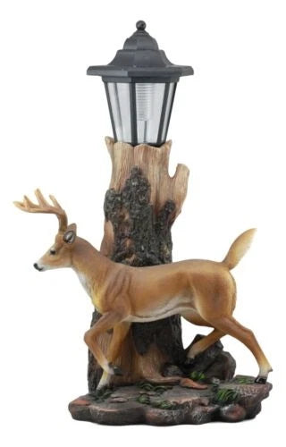 The Emperor 12 Point Buck Deer Statue Rustic Forest Tree Solar LED Light Outpost-2