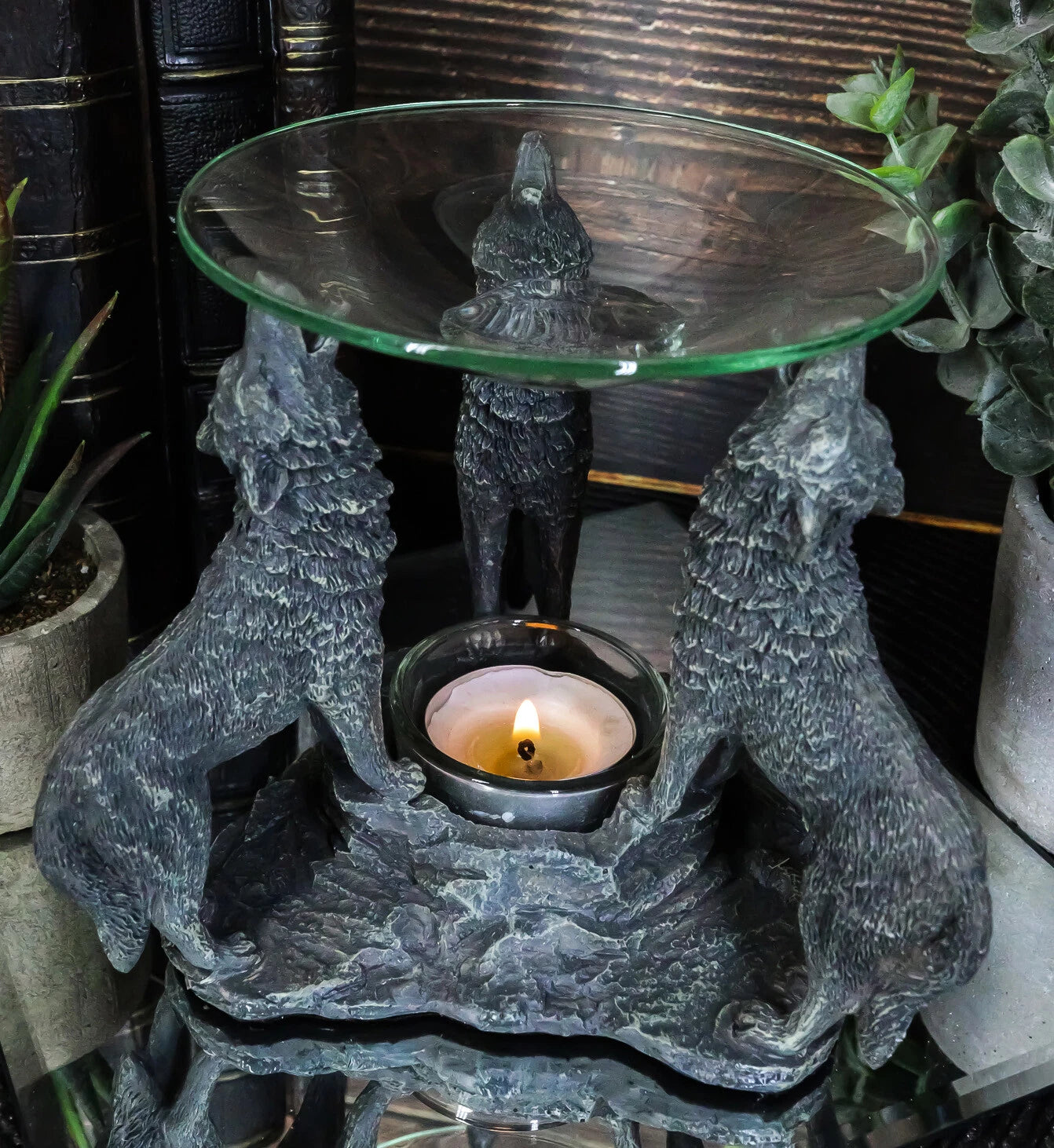 Moonlight Three Howling Wolves Candle Oil Warmer Or Wax Tart Burner Figurine-1