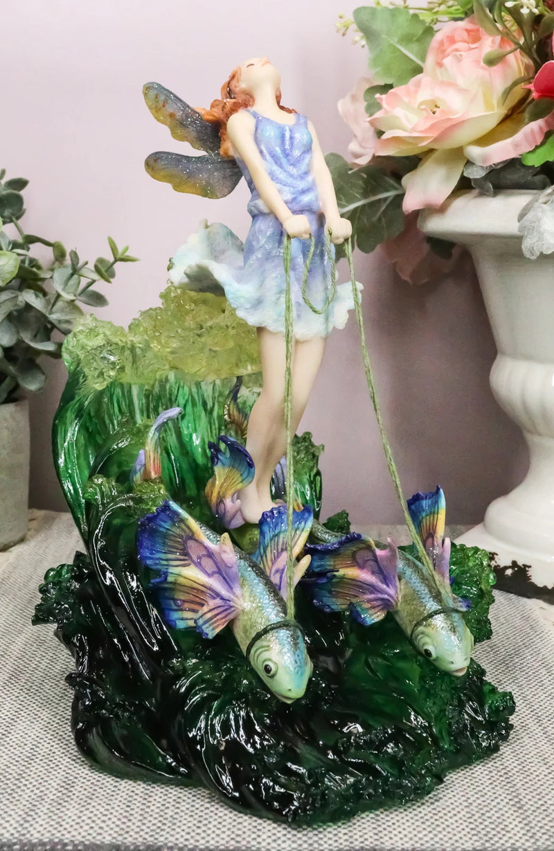 Estatua de pared de Josephine, el sueño del surfista, hada del océano montando un carro de peces arcoíris-4