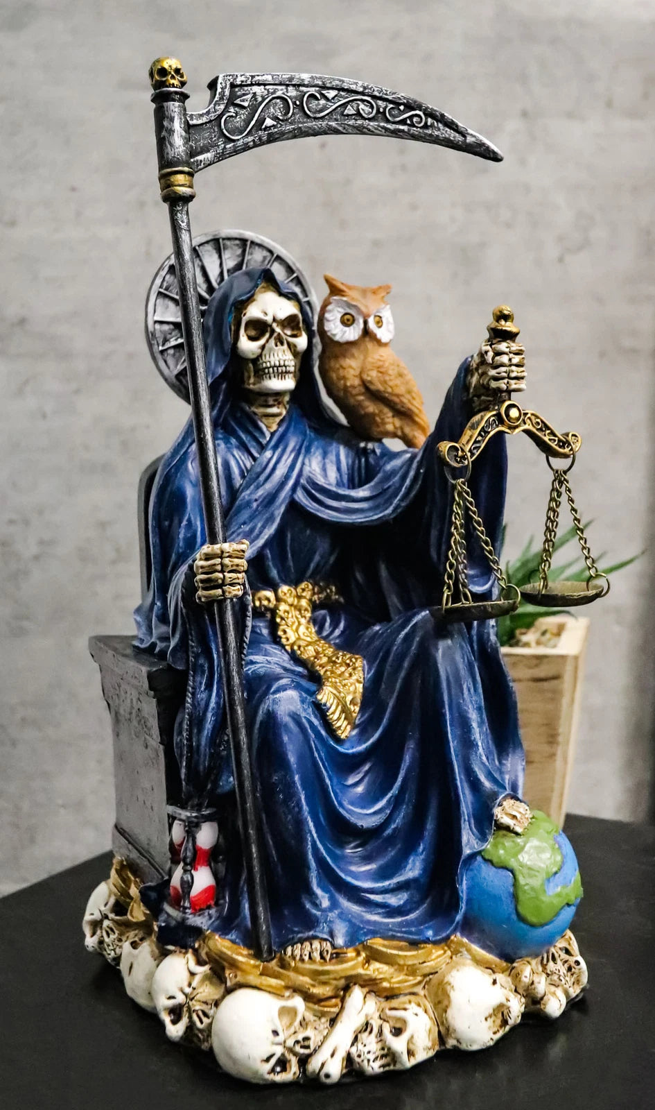 Seated Blue Santa Muerte With Scythe Scales of Justice And Wise Owl Figurine 9"H-4