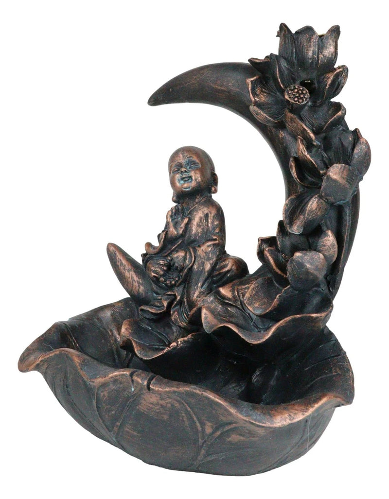 Buddha Monk On Lotus Crescent Moon Smoke Waterfall Backflow Cone Incense Burner-3