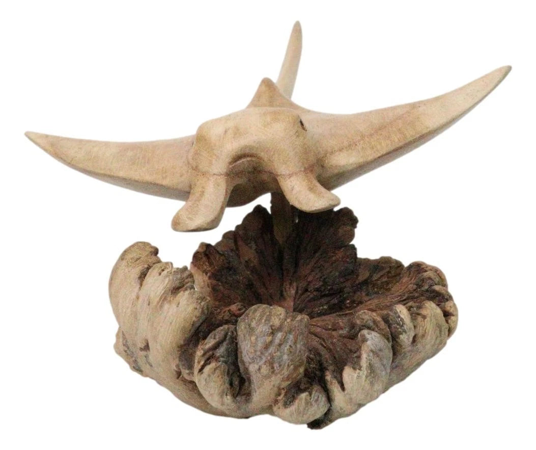 Marine Balinese Hand Carved Coral Reef Manta Ray On Burl Parasite Wood Base 8"L-2