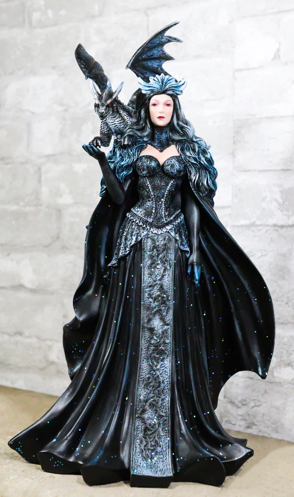 Large Gothic Necromancy Black Dragon Witch Dark Queen In Long Gown Statue-1