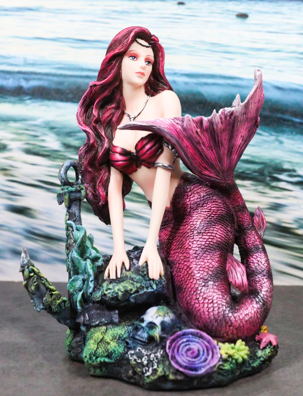 Siren Mermaid Sitting By Sunken Ship Anchor Skull Corals Ocean Graveyard Statue-1