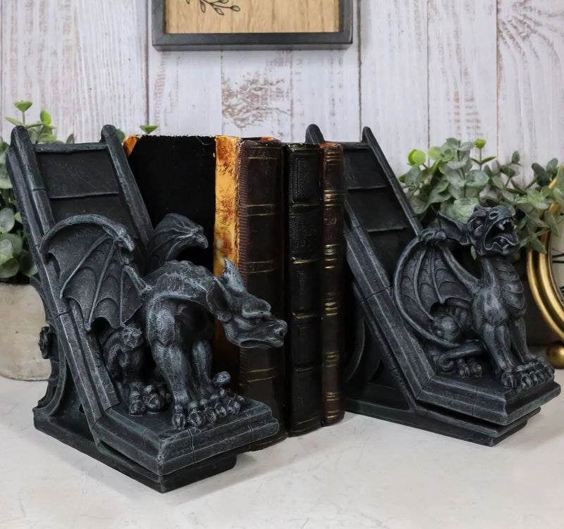 Gothic Roaring Gargoyles On Rooftop Sculptural Bookends Set 7" High Decor-1
