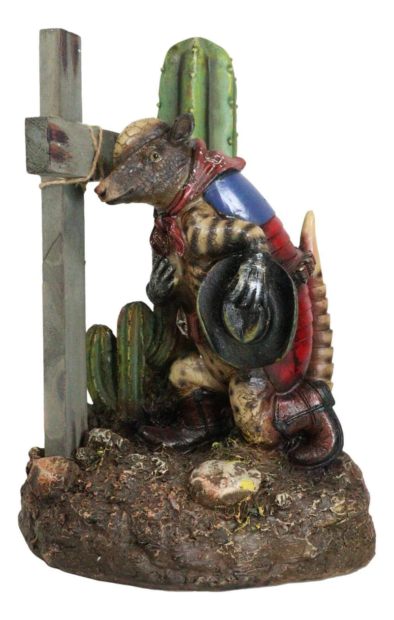 Rustic Western Armadillo Cowboy by Saguaro Cactus Praying By The Cross Figurine-4