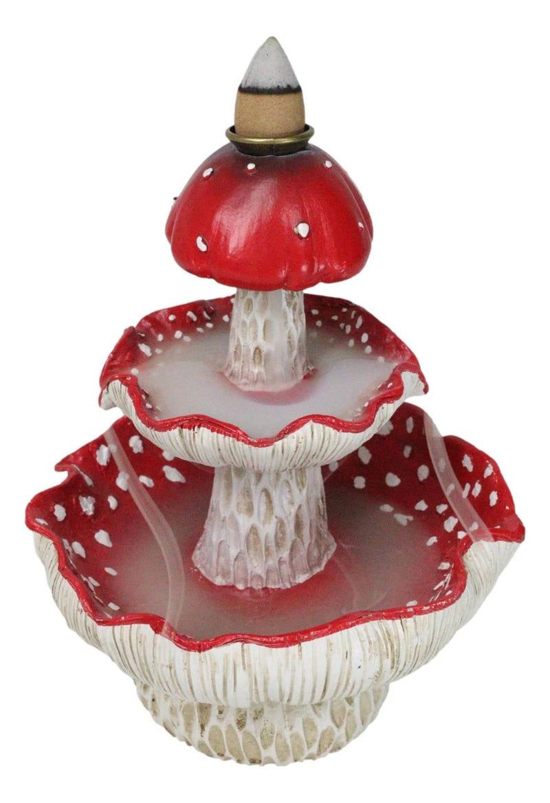 Enchanted Fairy Garden Red 3 Tiered Toadstool Mushrooms Backflow Incense Burner-2