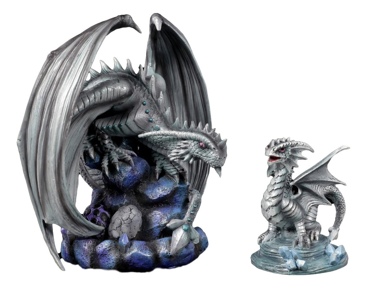 Anne Stokes Fantasy Silverback Baby Wyrmling And Adult Rock Dragon Statues Set