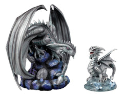Anne Stokes Fantasy Silverback Baby Wyrmling And Adult Rock Dragon Statues Set-1