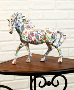 Equestrian Chic Beauty Rainbow Paisley White Horse Hand Painted Statue 7.5" L-4