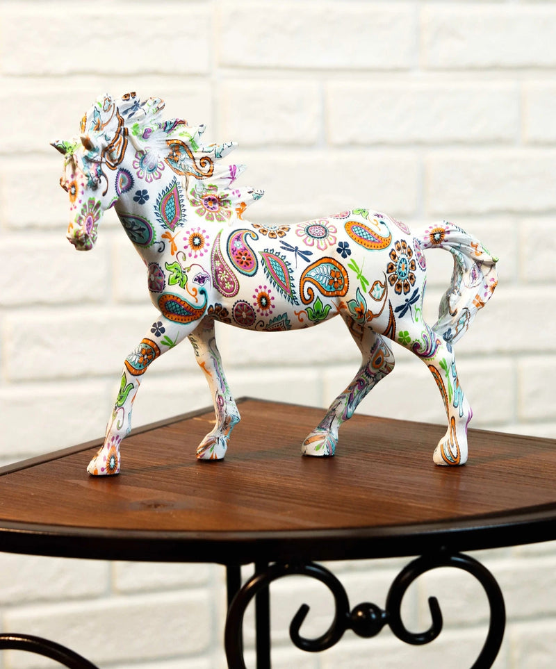 Equestrian Chic Beauty Rainbow Paisley White Horse Hand Painted Statue 7.5" L-4