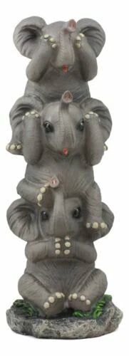 Pachyderm Friends Whimsical See Hear Speak No Evil Elephants Totem Statue-4