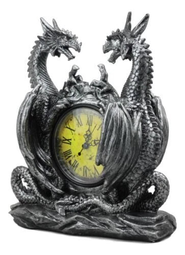 Gothic Twin Dragons Table Clock Statue With Roman Numerals In Metallic Look 11"H-6