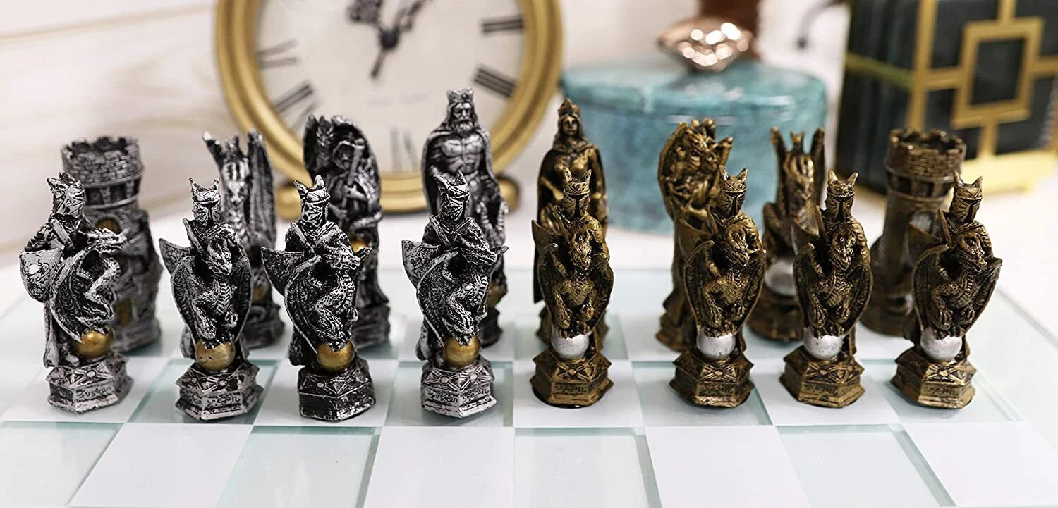 Silver and Gold King Arthur Merlin Dragons Chess Pieces with Board Set-3