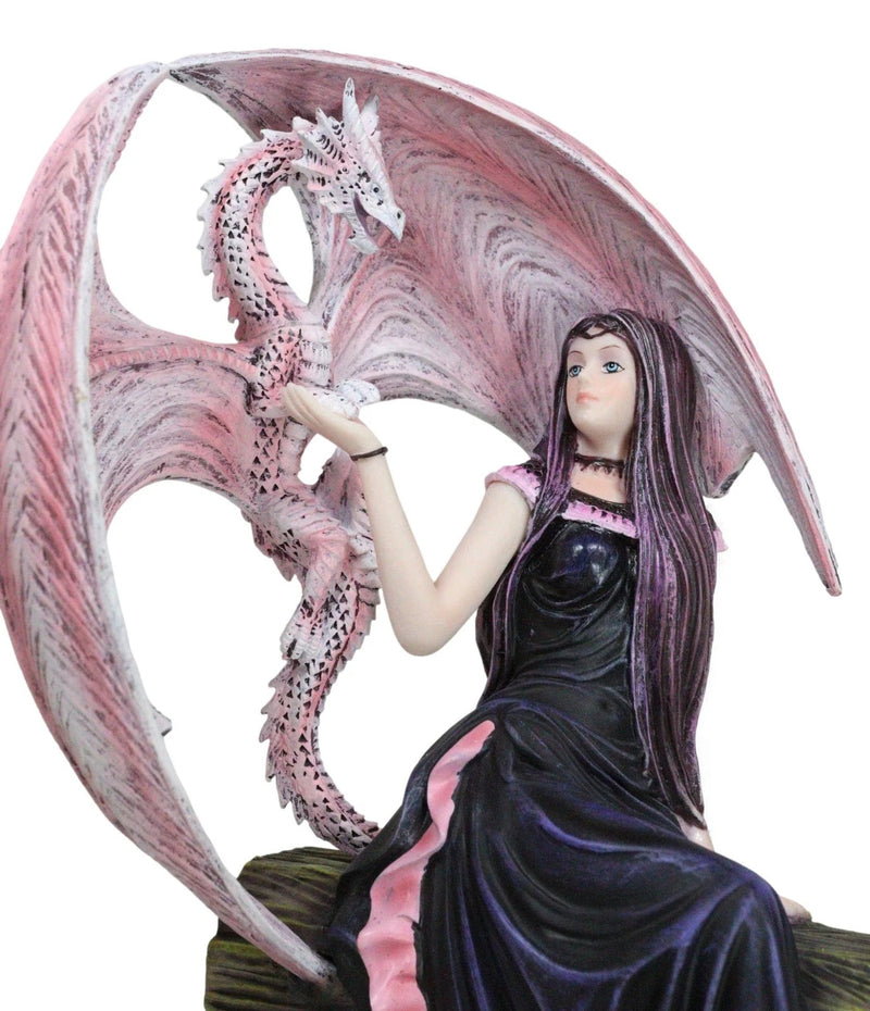 Elegante estatua de dragón wyvern rosa con hada rosa con vestido negro sentada en un banco-3