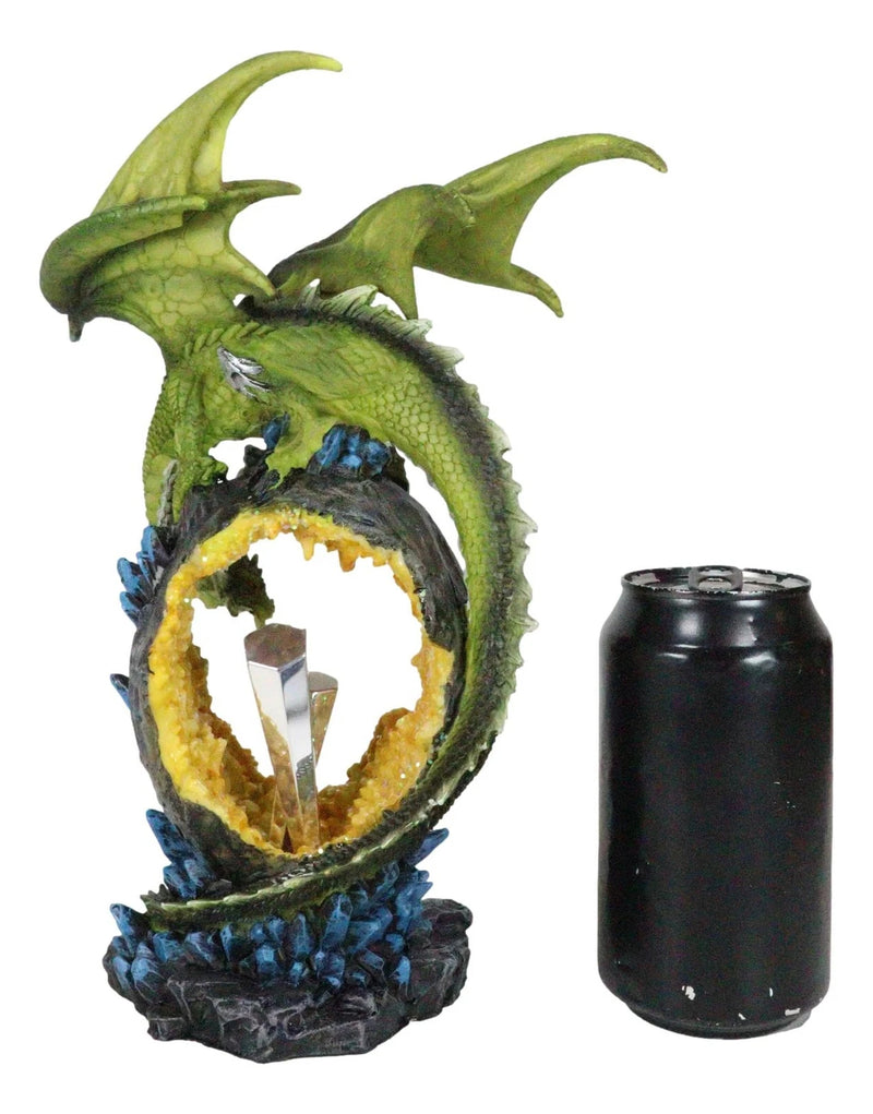 Green Dragon Guarding Faux Geode Crystal Arch Rock With Rainbow Icicle Figurine-6