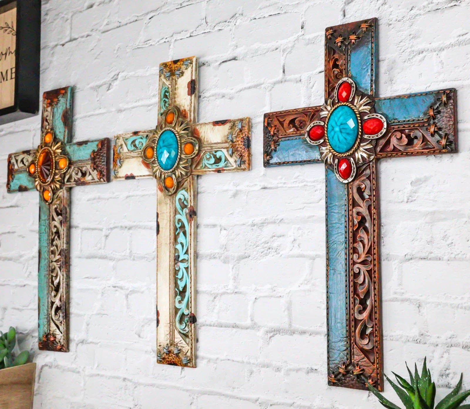 Pack Of 3 Rustic Western Tuscany Scrollwork Turquoise Amber Gems Wall Crosses-4