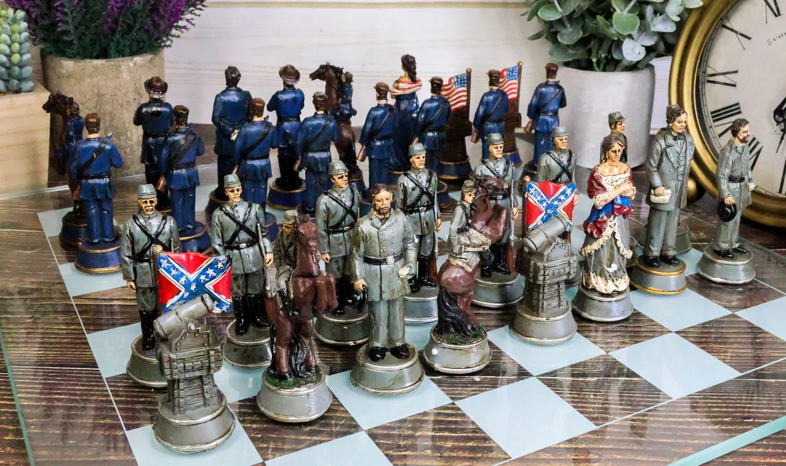US Civil War Union North VS Confederate South Chess Pieces And Glass Board Set-1