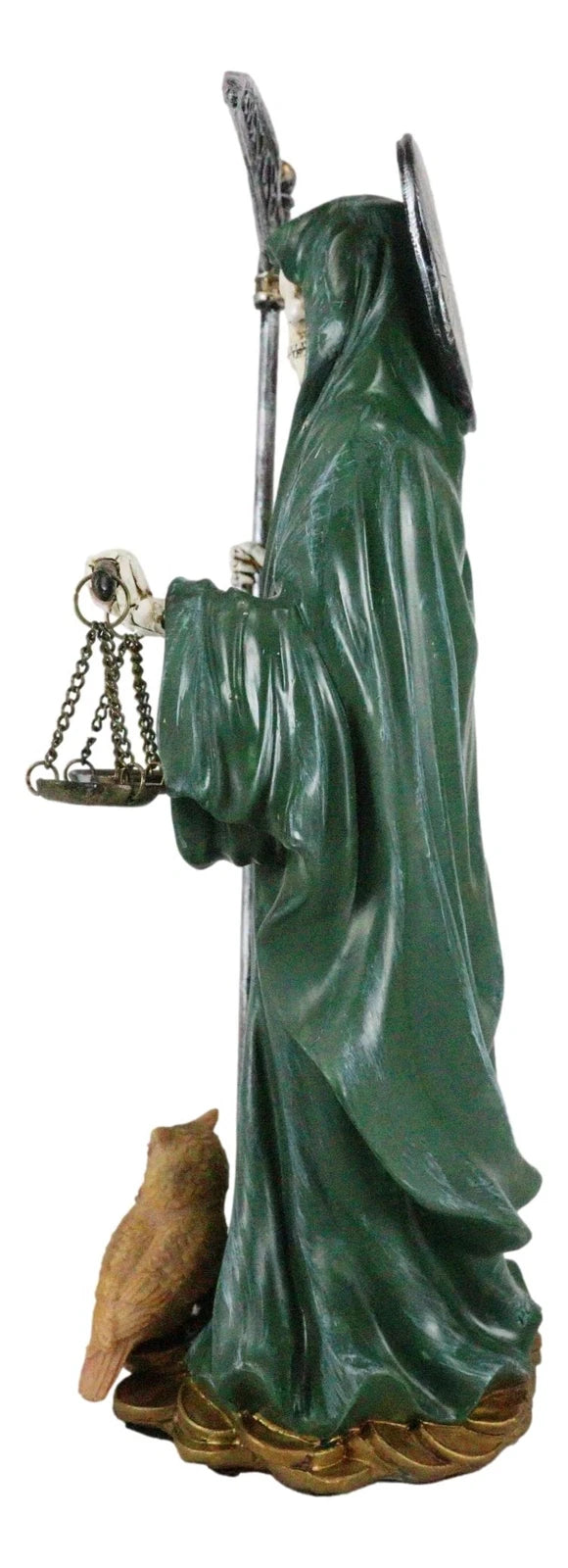 Standing Green Santa Muerte With Scythe Scales of Justice And Wise Owl Figurine-4