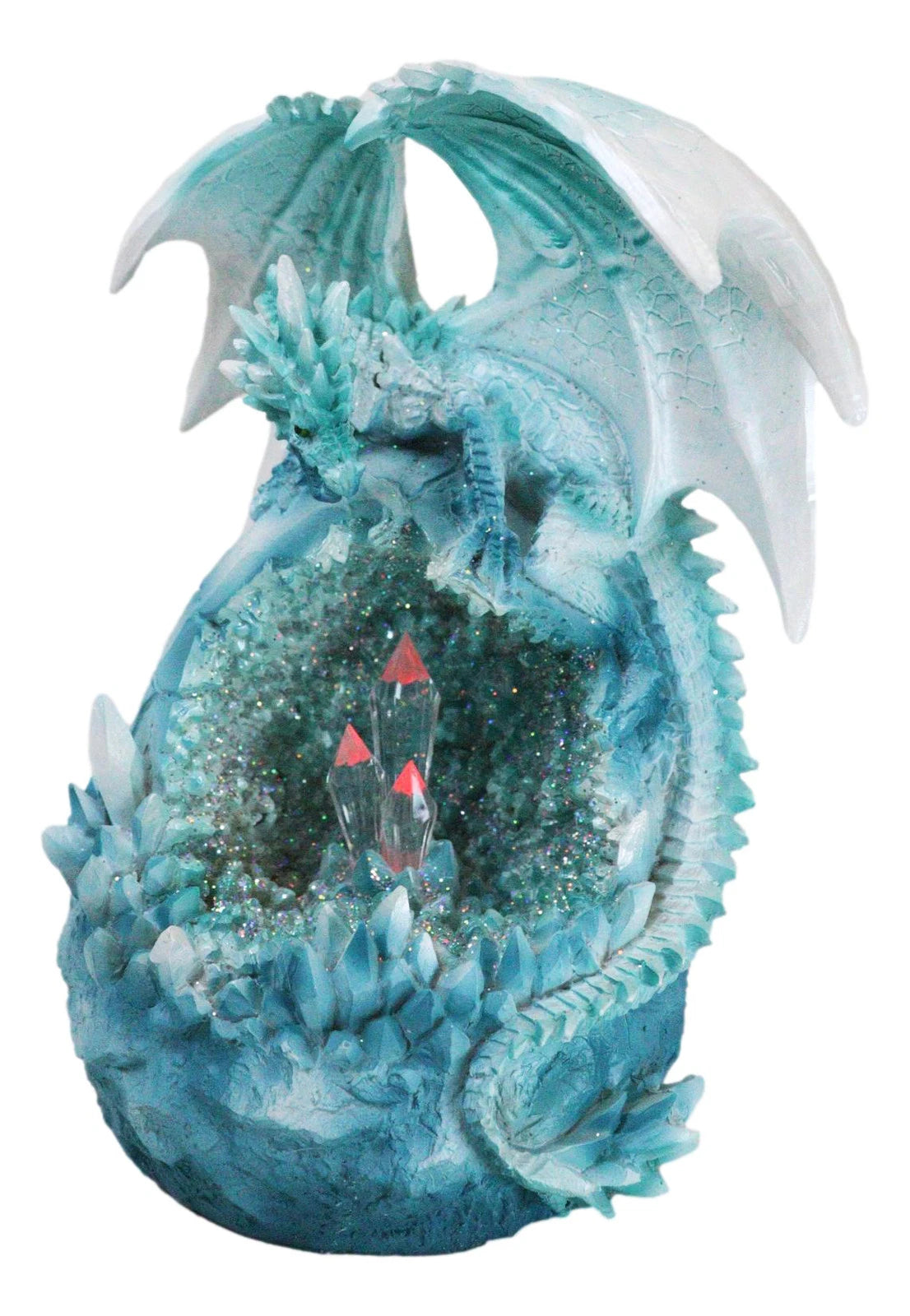 Winter Snow Dragon Resting On Frozen Snow Geode Egg With LED Crystals Figurine-2