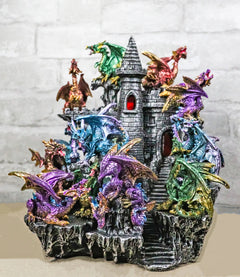 Juego de 12 mini dragones medievales coloridos en la montaña del castillo de Stonewall.-1
